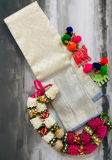 Kanchipuram/Kanchivaram handloom pure tissue silk saree | Ivory and muted steel blue | Silk Mark | Ships from California